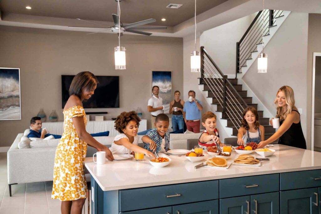 Large group of friends gathering and serving breakfast to their kids on a kitchen island