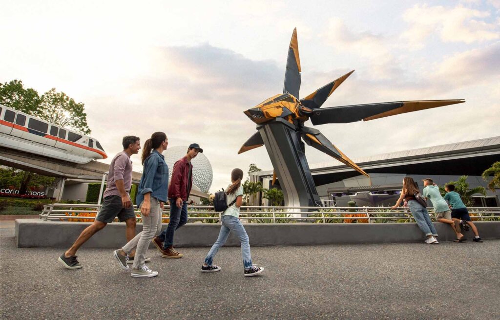 Family walking in front of Guardians of the Galaxy: Cosmic Rewind at EPCOT