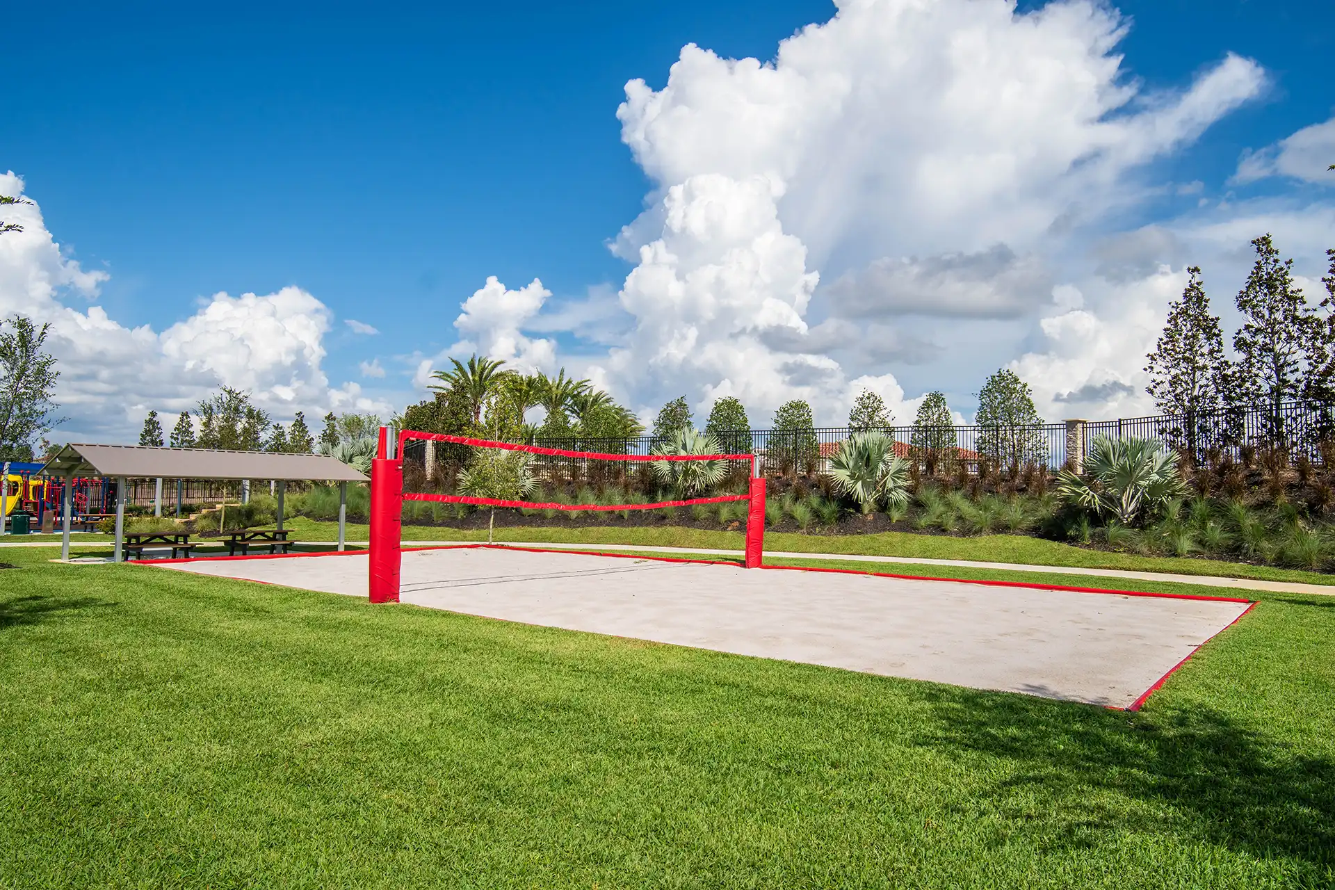 Sand volleyball court and covered pavilion at Golden Bear Park