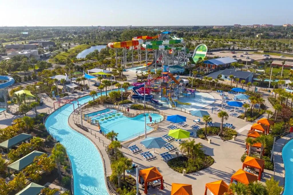 Bird's eye view of slides and pools of Island H2O Water Park